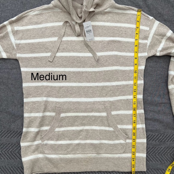 NWT Loft Striped Drawstring Neck Pocket Sweater Stone Heather - Picture 14 of 15